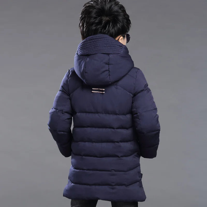 Boys Winter Hooded Jacket Ages 5-14, Warm Slim Fit Long Coat for Kids, Fashionable Windproof Outdoor Outerwear for Teen Boys