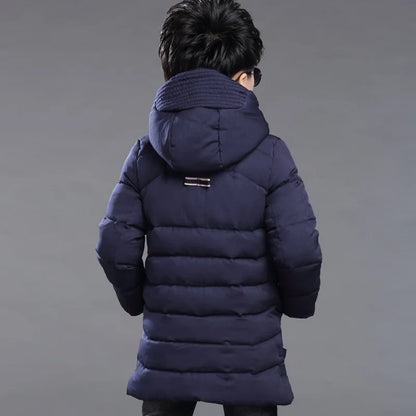 Boys Winter Hooded Jacket Ages 5-14, Warm Slim Fit Long Coat for Kids, Fashionable Windproof Outdoor Outerwear for Teen Boys