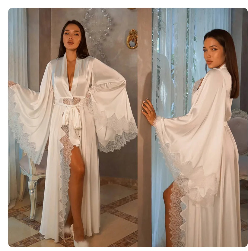 Women’s Black Silk Satin Kimono Robe – Lace Trim Wedding Bride Sleepwear Pajamas Photo Shoot Gown