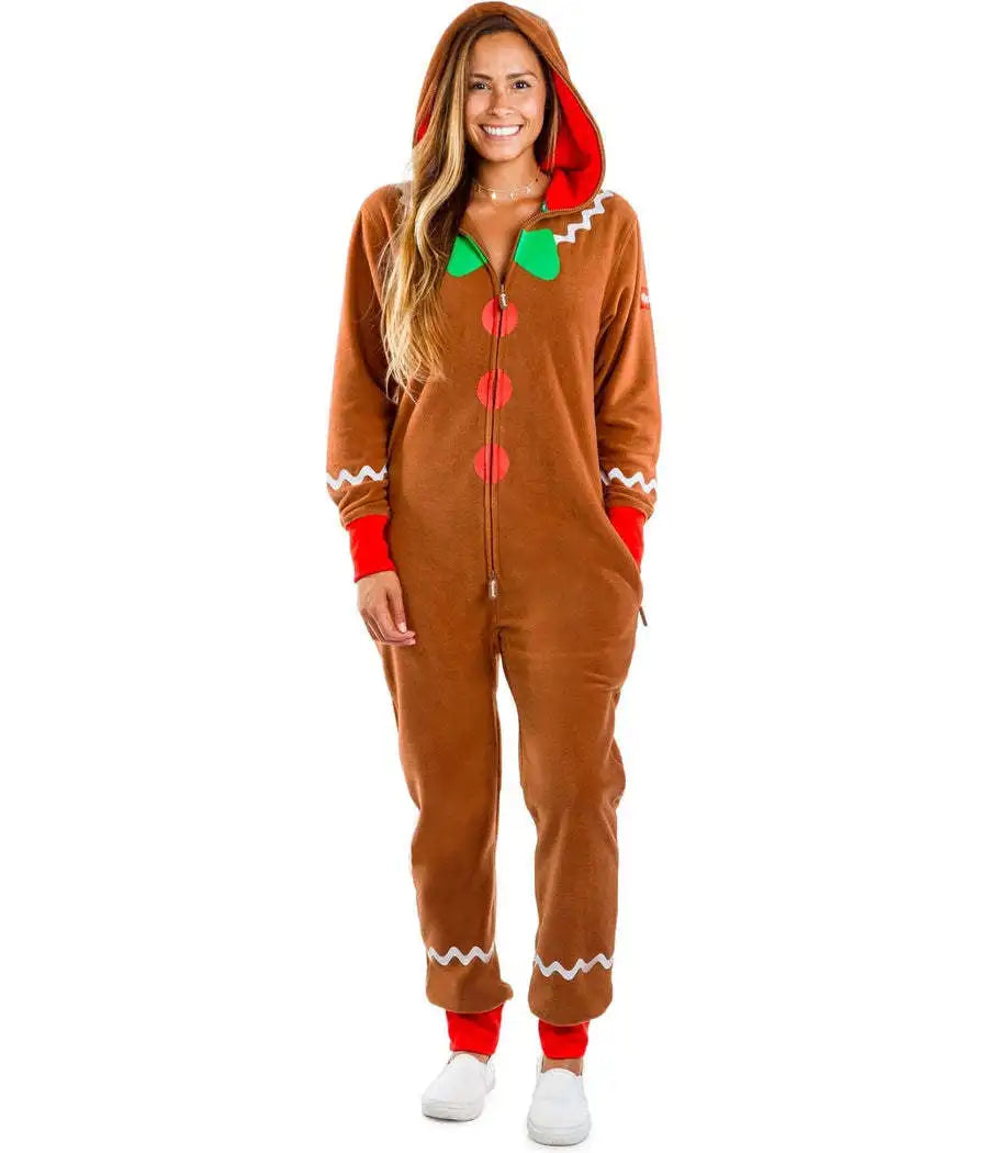 Gingerbread Christmas Costume Hooded Zipper Jumpsuit for Men, Women and Kids, Long Sleeve Holiday Cosplay Outfit for Christmas Parties, Theme Events and Dress-Up Role Play