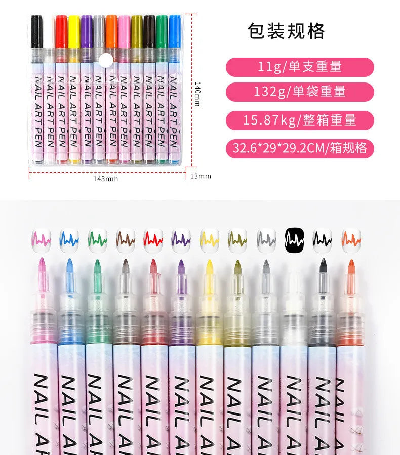 Set de 12 bolígrafos de grafiti para decoración de uñas – Herramientas delineadoras 3D impermeables para manicura y pintura de uñas DIY