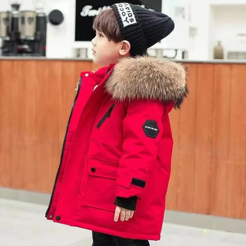 Kids’ Thick Velvet-Lined Winter Parka – Warm Cotton-Padded Coat with Fur Collar & Hood for Boys and Girls