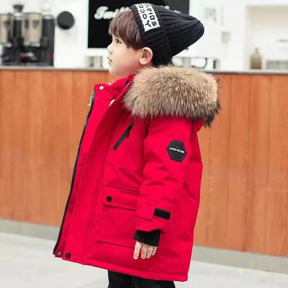 Kids’ Thick Velvet-Lined Winter Parka – Warm Cotton-Padded Coat with Fur Collar & Hood for Boys and Girls