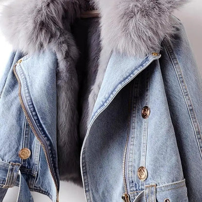 Women’s Faux Fox Fur Collar Denim Jacket – Short Winter Parka with Rabbit-Hair Lining, Warm Fashion Coat & Casual Outerwear