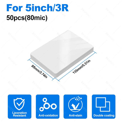 50 Sheets Laminating Film – 80 Micron PET/EVA Thermal Lamination Pouches for 3R, 4R, 5R, A6, A5 & A4, Photos, Files, Cards & Menus