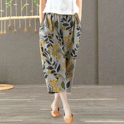 Pantalones Harlan de Verano para Mujer de Lino y Algodón, de Cintura Alta, Sueltos, Delgados, Estampados, Informales, tipo Farol, de Nueve Puntos con Bolsillos
