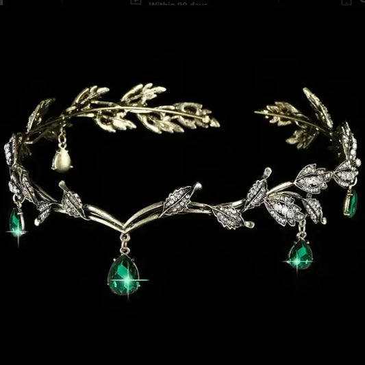 Corona de hada verde esmeralda vintage con hojas de cristal – Tocado de elfo de bronce para cosplay y disfraz de mujer