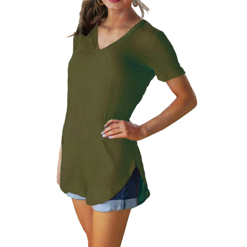 Women's Summer V-Neck Blouse – Solid Color Short-Sleeve Loose T-Shirt with Curved Hem, Casual Lightweight Top for Everyday Wear