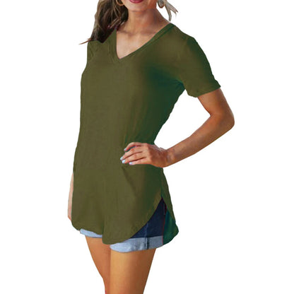 Women's Summer V-Neck Blouse – Solid Color Short-Sleeve Loose T-Shirt with Curved Hem, Casual Lightweight Top for Everyday Wear
