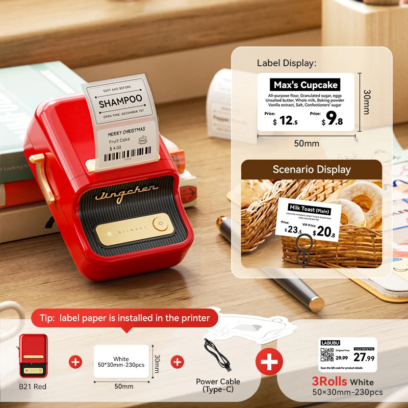 NiiMbot B21 Mini Thermal Label Printer – Wireless Bluetooth Barcode Label Maker with Portable Adhesive Printing for Office & Business