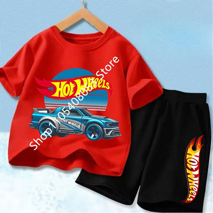 Conjunto de camiseta y pantalón corto de coche de carreras para niños, mezcla de algodón, atuendo de verano para niños y niñas
