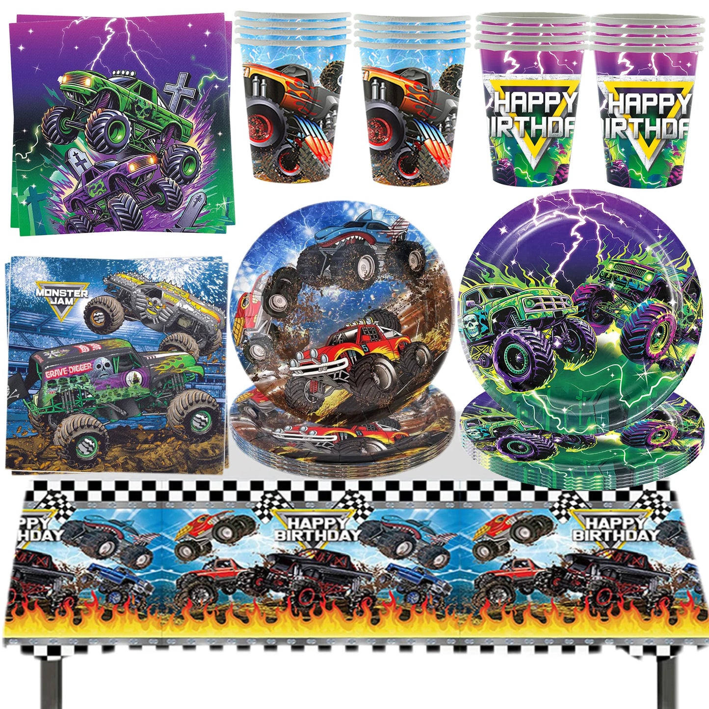 Monster Truck Birthday Party Supplies – Disposable Plates, Napkins, Banner & Tablecloth for Kids' Boys' 2nd Birthday Decorations