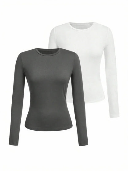 Women’s Long Sleeve T-Shirt Solid Color Polyester Knit Round Neck Regular Fit Fall Winter Top