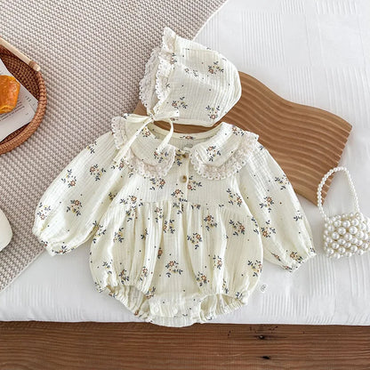 Conjunto de 2 piezas de pelele floral con sombrero para bebé, mameluco con solapa para recién nacida, conjunto de primavera