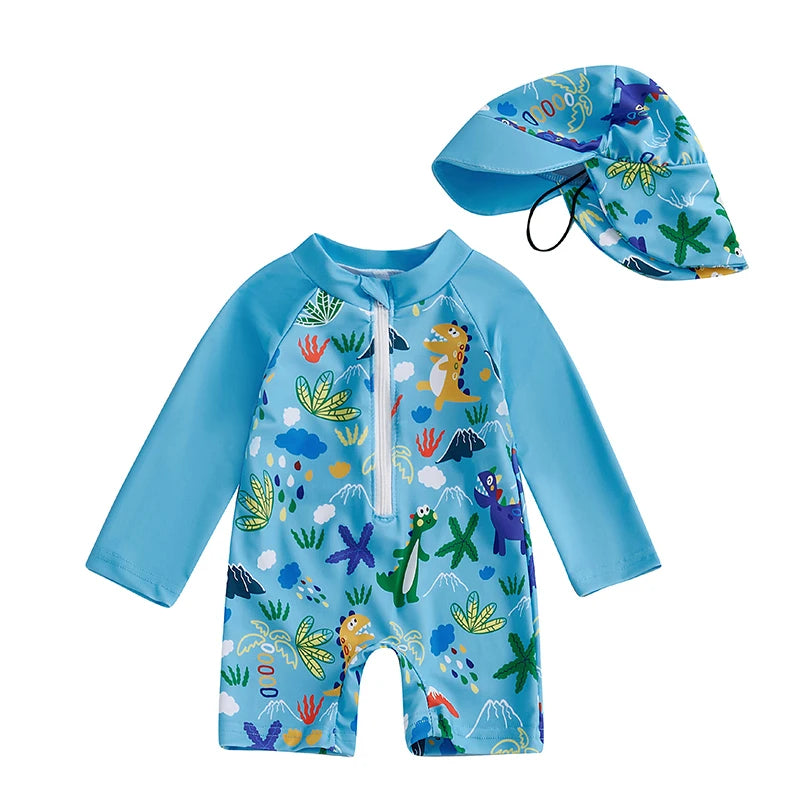 Kids Shark Print Rash Guard Swimwear Set – Long Sleeve Half Zip-Up Bathing Suit with Sun Hat, 2-Piece Toddler Boys’ Swimsuit for 0-5 Years, UV Protective Beachwear for Pool, Swimming & Summer Activities