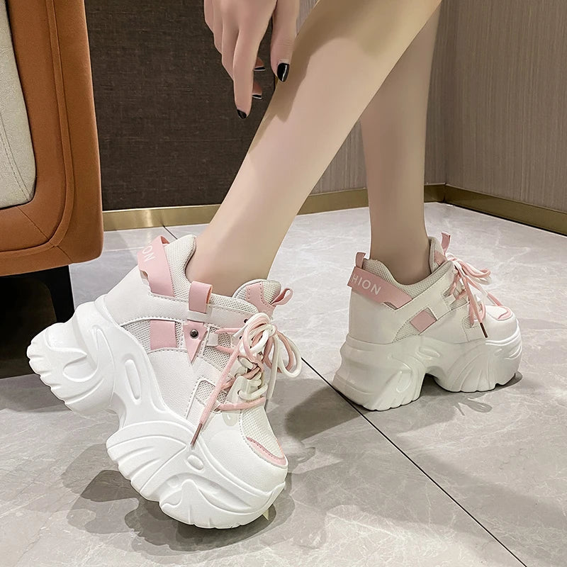 10.5cm Platform Sneakers for Women – Chunky High-Top Lace-Up Dad Shoes with Thick Sole & Mesh Design for Autumn Casual Wear