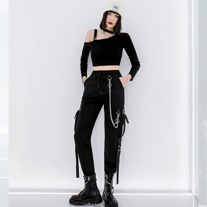 Pantalon Cargo Décontracté Noir pour Femmes Style Coréen Taille Haute Ample Hip Hop Jambe Droite Printemps Automne