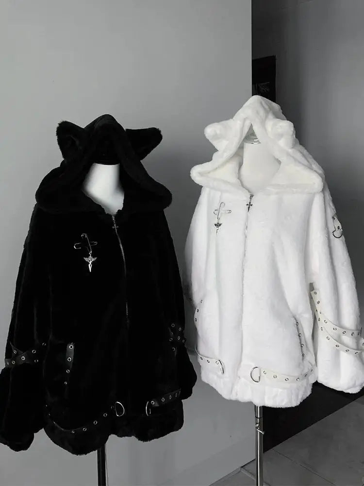 Women’s Harajuku Vintage Safari Jacket – Hooded Zip-Up Sweatshirt, Y2K Grunge Streetwear Coat with Stand Collar