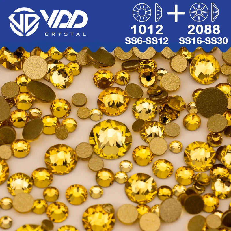 VDD Piedras Preciosas de Cristal Doradas de Fondo Plano – 2088 Cristales de Strass para Arte de Uñas, Manualidades y Decoraciones DIY