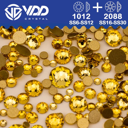 VDD Piedras Preciosas de Cristal Doradas de Fondo Plano – 2088 Cristales de Strass para Arte de Uñas, Manualidades y Decoraciones DIY