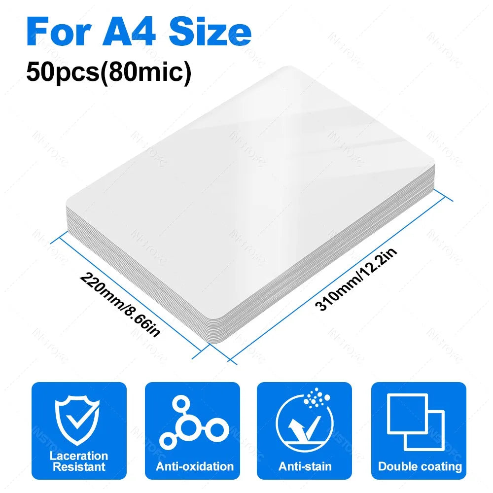 50 Sheets Laminating Film – 80 Micron PET/EVA Thermal Lamination Pouches for 3R, 4R, 5R, A6, A5 & A4, Photos, Files, Cards & Menus
