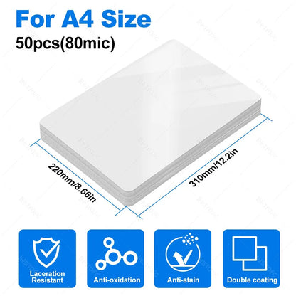 50 Sheets Laminating Film – 80 Micron PET/EVA Thermal Lamination Pouches for 3R, 4R, 5R, A6, A5 & A4, Photos, Files, Cards & Menus