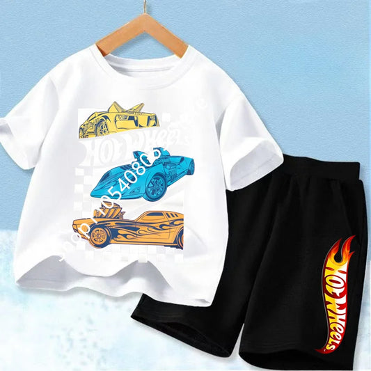 Conjunto de camiseta y pantalón corto de coche de carreras para niños, mezcla de algodón, atuendo de verano para niños y niñas