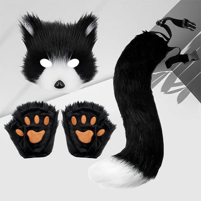 Halloween Fox Cosplay Costume Accessories Set, Animal Fox Mask, Tail and Gloves, Cute Fancy Dress-Up Props for Carnival, Masquerade, Themed Parties, and Halloween Costumes