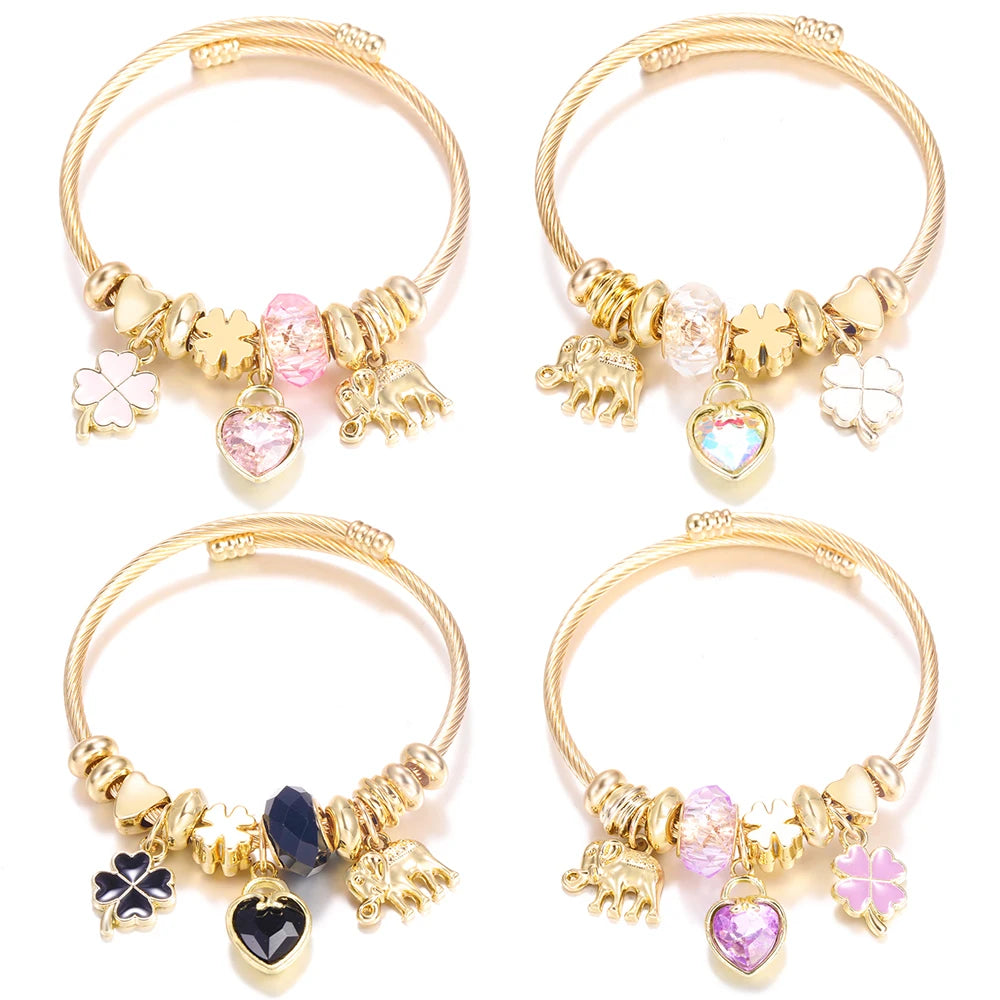 Pulsera con colgante de corazón y cuentas – Pulsera de abalorios de acero inoxidable de 4 colores para mujer | Regalo de joyería de moda dorada de tendencia