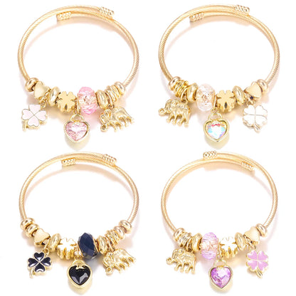 Pulsera con colgante de corazón y cuentas – Pulsera de abalorios de acero inoxidable de 4 colores para mujer | Regalo de joyería de moda dorada de tendencia