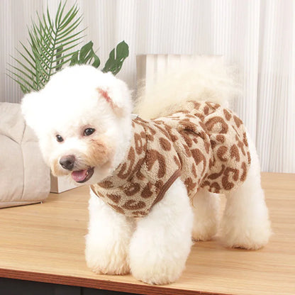 Leopard Print Dog Dress – Warm Fleece Hooded Pullover Coat & Sleeveless Vest for Small Dogs, Cozy Winter Puppy Clothing for Chihuahuas