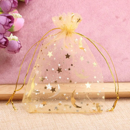 Bolsas de regalo de organza con estrellas y lunas de 25/50 piezas – Bolsitas de joyería con cordón dorado para recuerdos de boda, regalos de fiesta, empaques de dulces y almacenamiento de accesorios pequeños