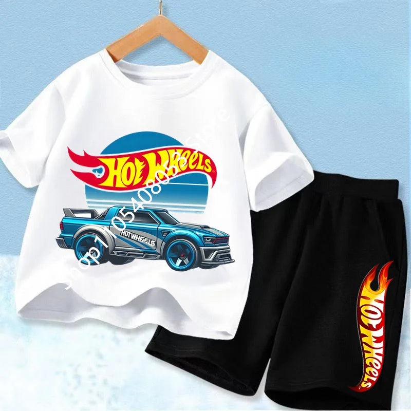 Conjunto de camiseta y pantalón corto de coche de carreras para niños, mezcla de algodón, atuendo de verano para niños y niñas