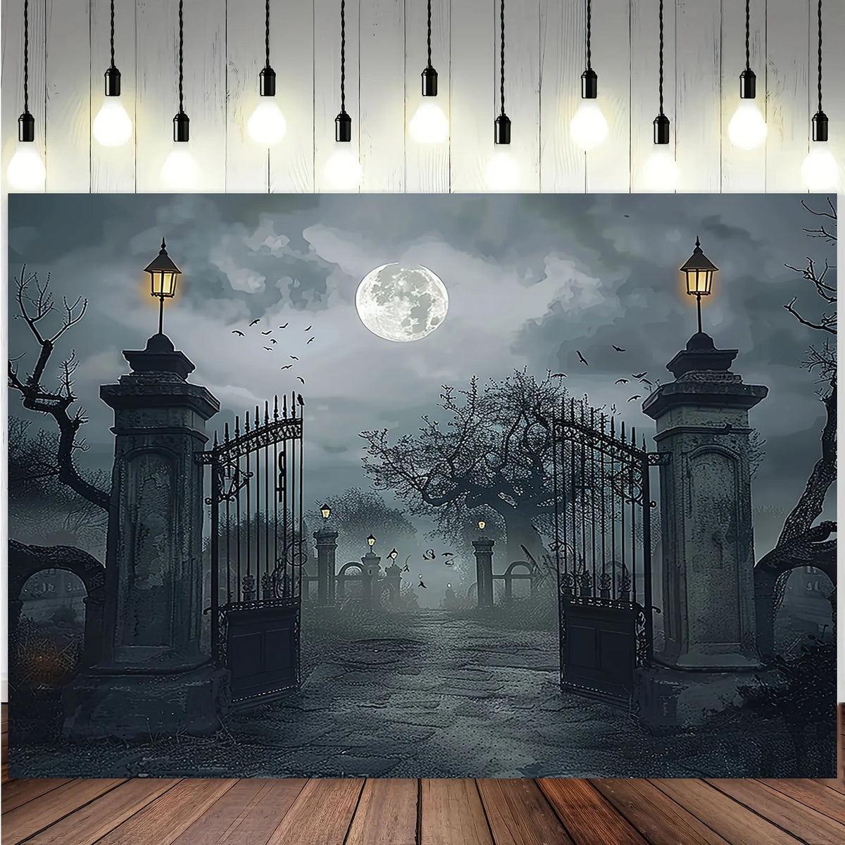 Halloween Background Banner, Spooky Ghost Cemetery Backdrop with Full Moon and Bare Trees, Horror Party Decorations for Halloween Photography and Photo Booths