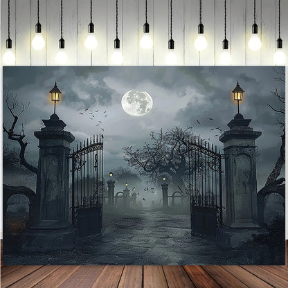 Halloween Background Banner, Spooky Ghost Cemetery Backdrop with Full Moon and Bare Trees, Horror Party Decorations for Halloween Photography and Photo Booths