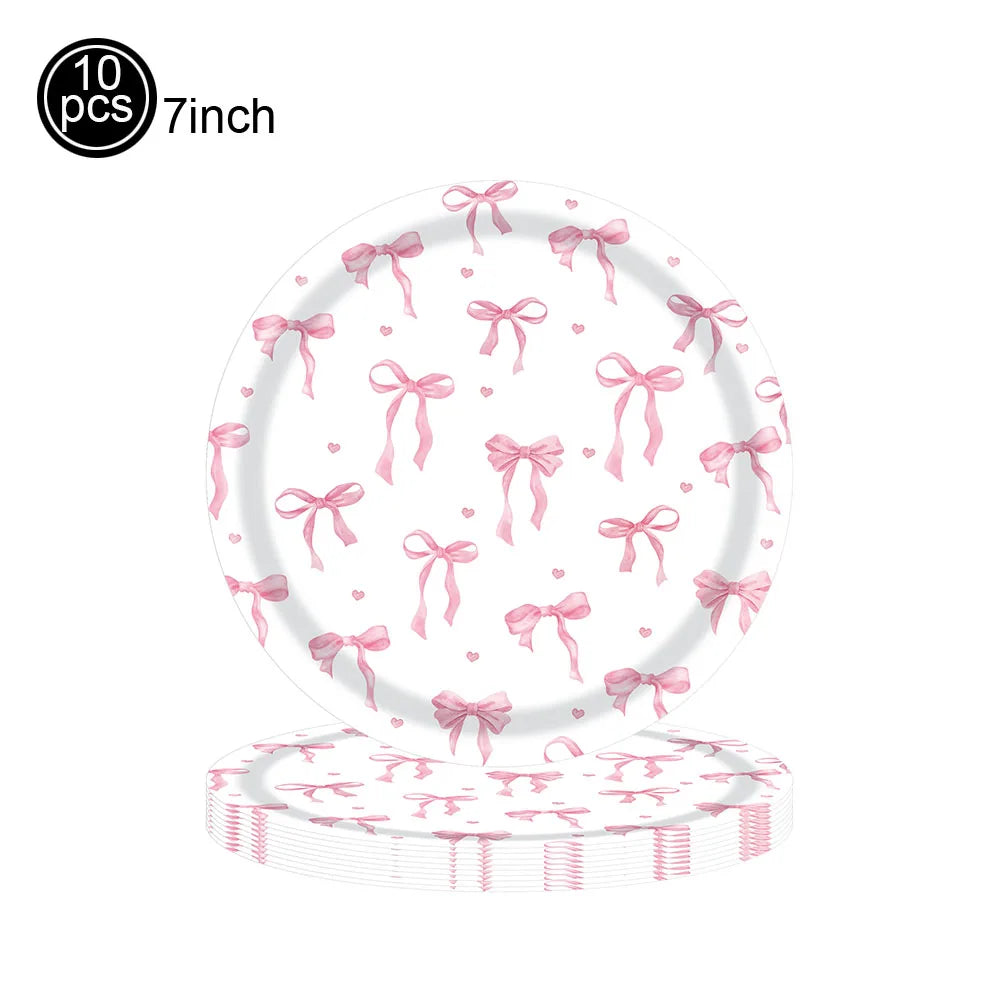 Kit de Fête d'Anniversaire Rose – Thème Princesse Bannière, Ballons Nœud, Pailles, Assiettes en Papier Jetables, Serviettes et Gobelets Vaisselle Décorations pour Fêtes d'Anniversaire de Filles