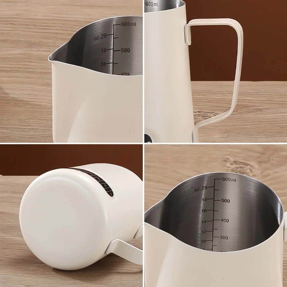Jarra para espumar leche de café con indicador de temperatura - Jarra espumadora de leche de acero inoxidable con escala de medición para Latte Art y Espresso