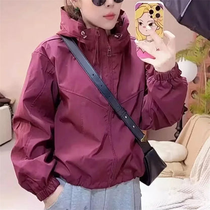 Women's Hooded Short Jacket – Double-Zipper Loose Streetwear Coat for Spring & Autumn Casual Everyday Wear