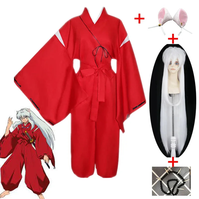 Inuyasha Inspired Anime Cosplay Costume Set – Adult Halloween Carnival Outfit with Wig, Ears & Necklace Funny Roleplay Suit