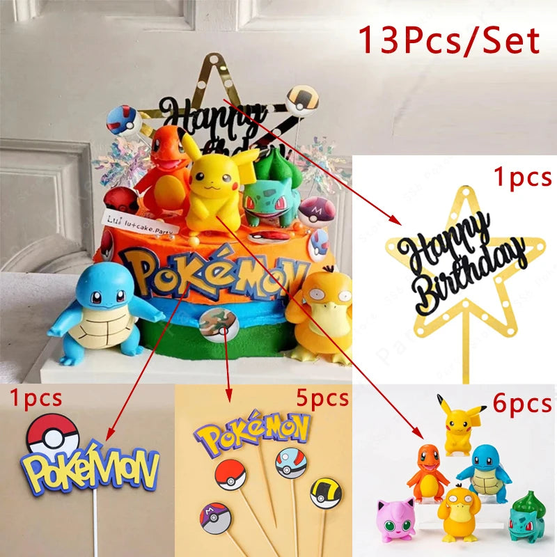 13pcs Pokémon Cake Topper Set – Pikachu Anime Figure Birthday Cake Decorations for Kids Party Supplies & Boy Gifts