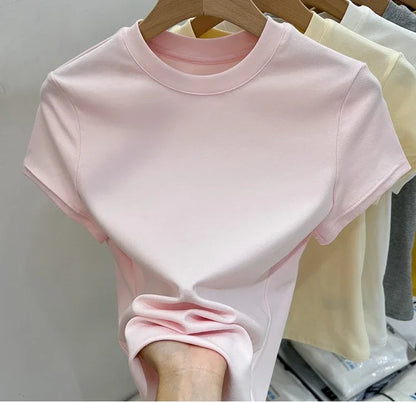 Zjaiss 2026 T-shirt col rond mode été sexy basique uni à manches courtes pour femme style coréen décontracté streetwear