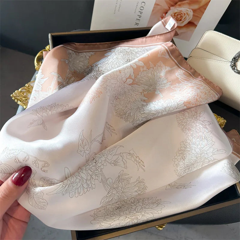 2024 Lujosa Bufanda Cuadrada de Seda de 70cm para Mujer con Estampado Floral, Pañuelo de Diseñador, Fular, Chal, Hiyab, Diadema, Lazos