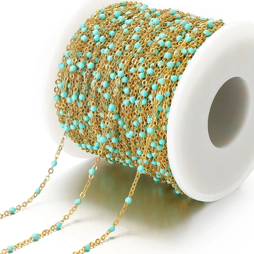 Cadena de eslabones de cuentas de esmalte dorado de acero inoxidable de 2M – Cadena DIY de aceite de goteo para collares, pulseras y suministros de fabricación de joyas