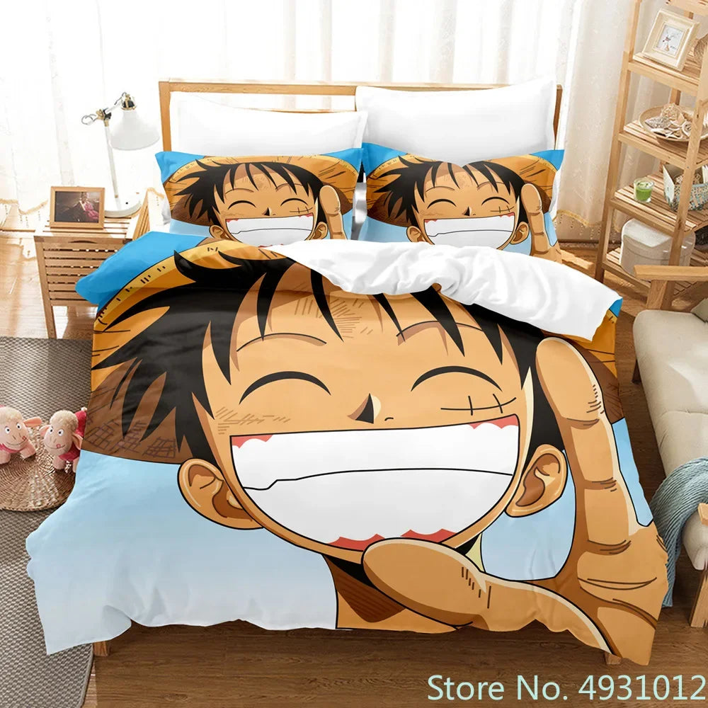One Piece Luffy 3-Piece Bedding Set – 3D Cartoon Anime Duvet Cover & Pillowcase Set for Kids, Boys, Teens & Adults
