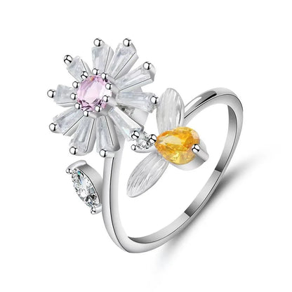 Anillo giratorio antiestrés de mariposa y flor con diamantes de imitación – Anillo giratorio antiansiedad para mujer | Joyería ajustable para aliviar el estrés