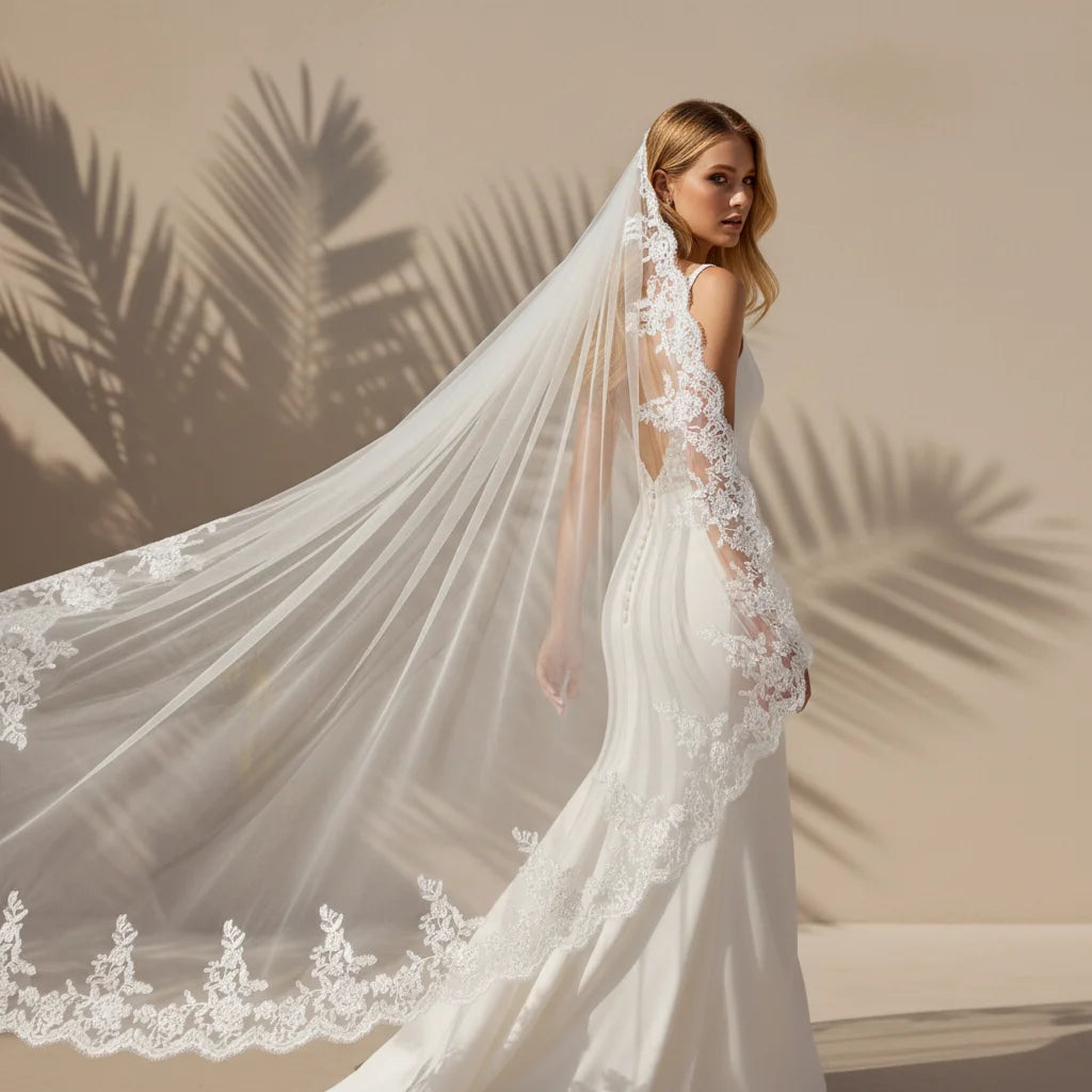 Long Bridal Lace Veil – Spanish Mantilla Wedding Veil with Lace Edge | Elegant Wedding Dress Accessory for Bride & Bridal Party