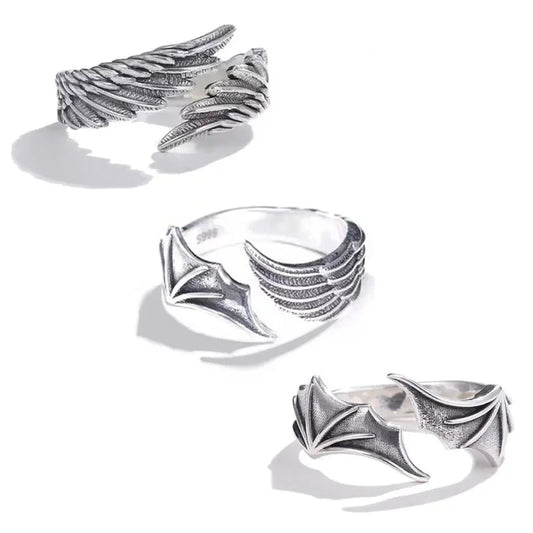 Anillo de pareja ajustable de alas de ángel y demonio vintage – Anillo de banda abierta gótico punk retro plateado para hombres y mujeres