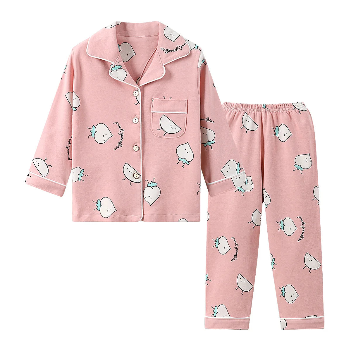 Kids' Cotton Pajama Set – Soft Cartoon Print Long-Sleeve Lapel Sleepwear for Boys & Girls, Comfortable Loose Spring Nightwear