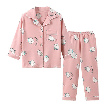 Kids' Cotton Pajama Set – Soft Cartoon Print Long-Sleeve Lapel Sleepwear for Boys & Girls, Comfortable Loose Spring Nightwear