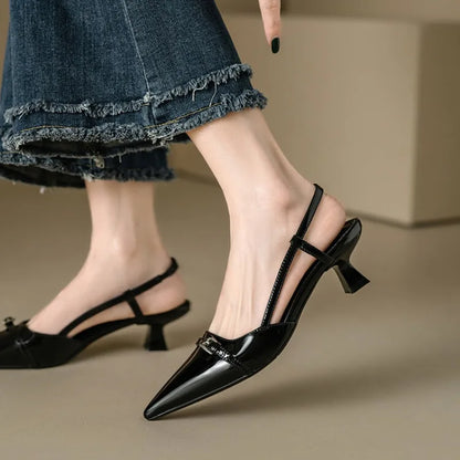 Zapatos de tacón slingback de charol para mujer – Zapatos de vestir de tacón medio con hebilla y punta fina, elegantes sandalias de verano sin cordones